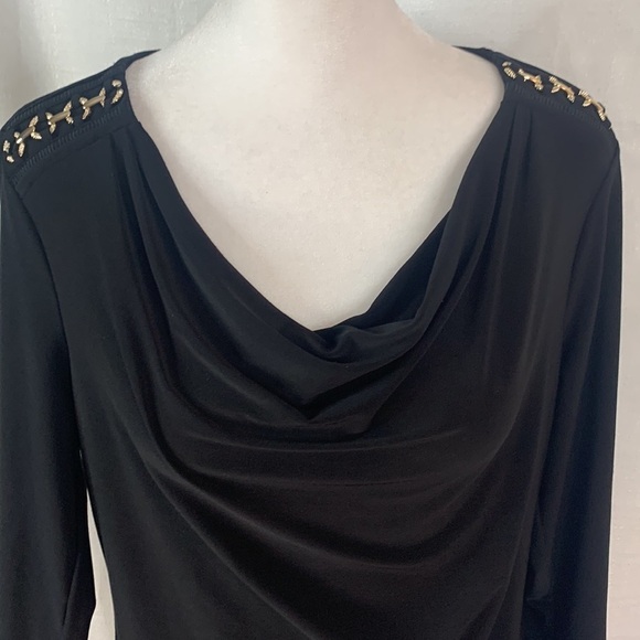 WHBM Black Long Sleeved Mini Dress w/ Gold Shoulder Detail - Picture 5 of 17